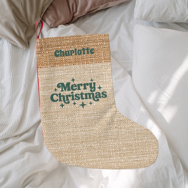 Beige burlap name retro Merry Christmas Small Christmas Stocking (Creator Uploaded)