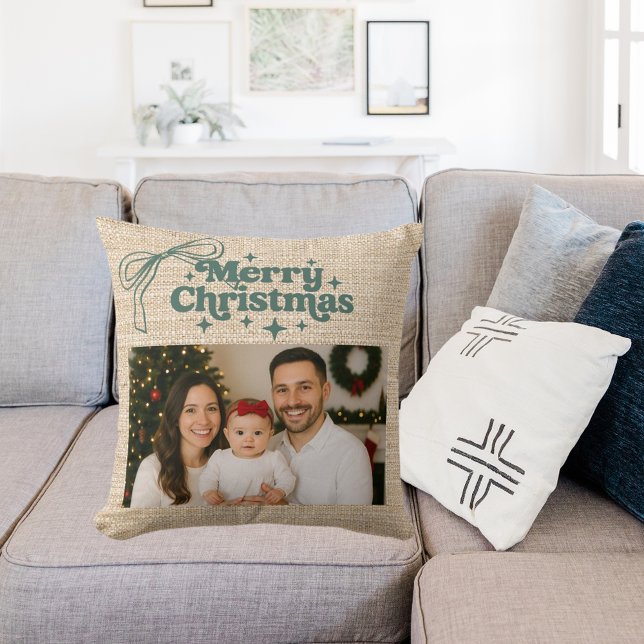 Beige burlap photo bow hand-drawn Christmas Throw Pillow (Creator Uploaded)