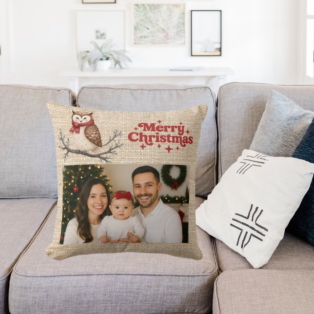 Beige burlap photo cute owl Christmas Throw Pillow (Creator Uploaded)