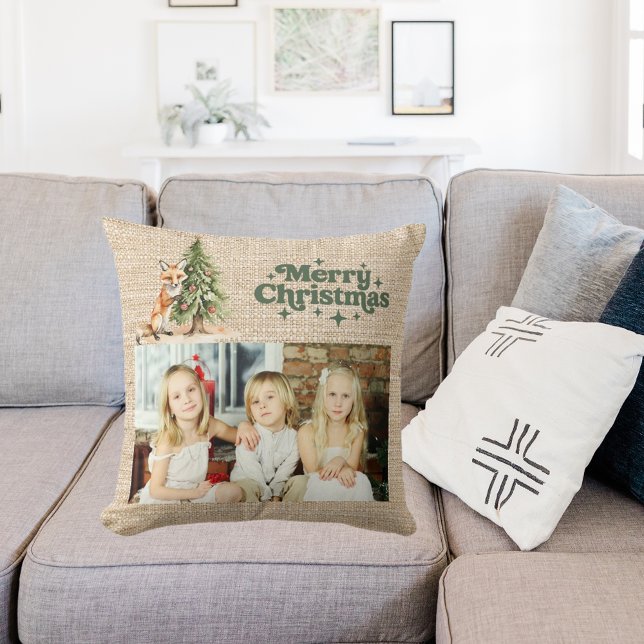 Beige burlap photo fox tree green Christmas Throw Pillow (Creator Uploaded)