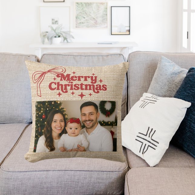 Beige burlap photo red bow hand-drawn Christmas Throw Pillow (Creator Uploaded)