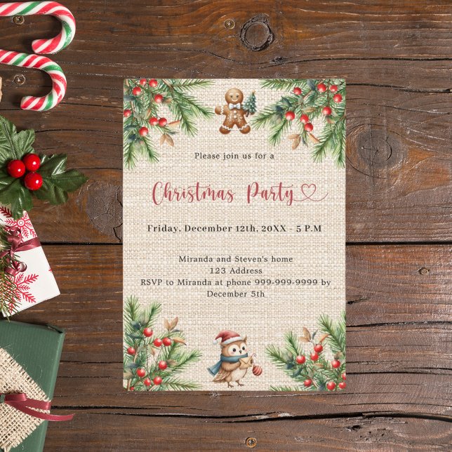 Beige burlap pine natural Christmas Party Invitation (Creator Uploaded)
