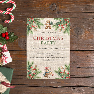 Beige burlap pine natural Christmas Party Invitation