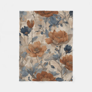 Beige Burnt Orange Dusty Navy Blue Floral Fleece Blanket