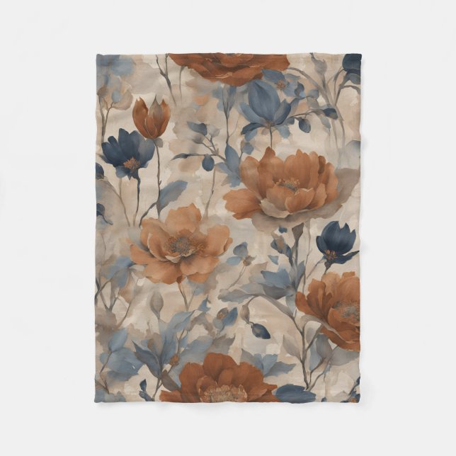 Beige Burnt Orange Dusty Navy Blue Floral Fleece Blanket (Front)