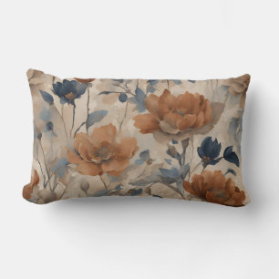 Beige Burnt Orange Dusty Navy Blue Floral Lumbar Pillow