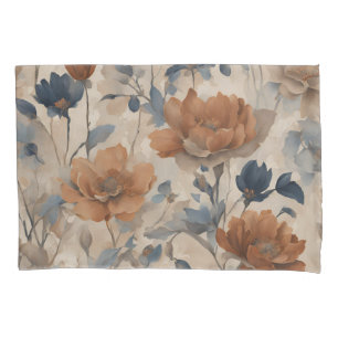 Beige Burnt Orange Dusty Navy Blue Floral Pillow Case