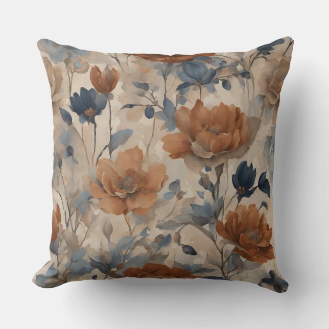 Beige Burnt Orange Dusty Navy Blue Floral Throw Pillow (Front)