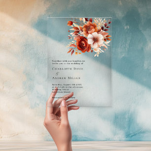 Beige burnt orange florals clear wedding acrylic invitations