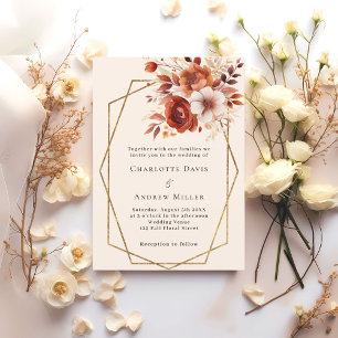 Beige burnt orange florals geometric wedding invitation