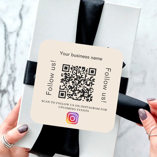 Beige business name qr code instagram square sticker