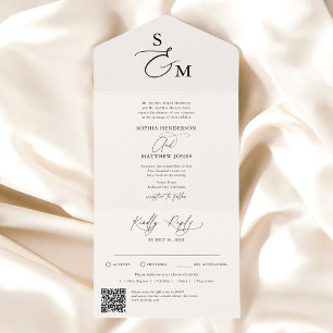 Beige Calligraphy Monogram Formal QR Code Wedding All In One Invitation