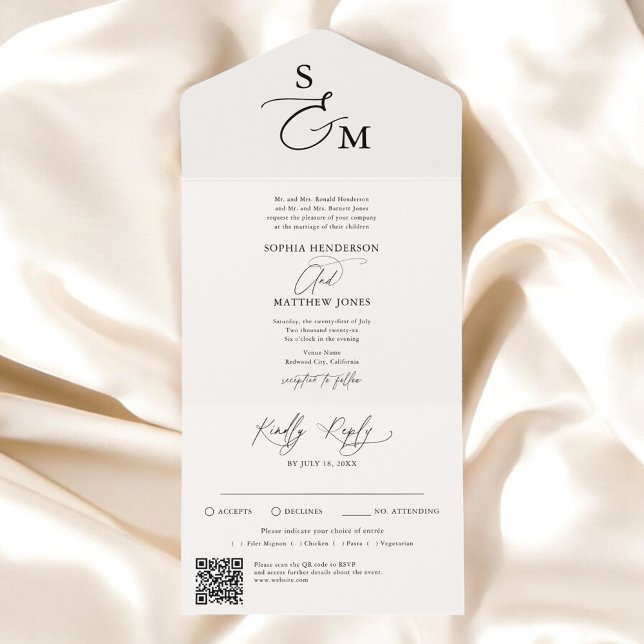 Beige Calligraphy Monogram Formal QR Code Wedding All In One Invitation (Creator Uploaded)