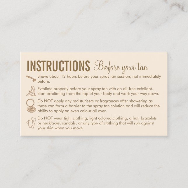 Beige Care Instructions Before After Spray Tanning Business Card (Front)