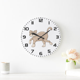Beige Cat Drawing with Green Eyes Large Clock