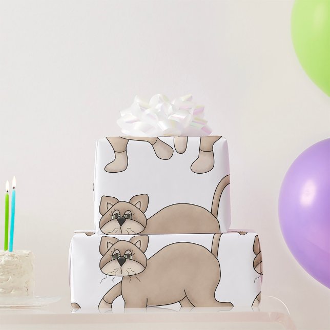 Beige Cat Drawing with Green Eyes Wrapping Paper (Creator Uploaded)