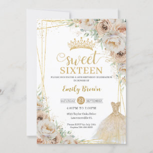 Beige Champagne Cream Gold Floral Sweet Sixteen Invitation
