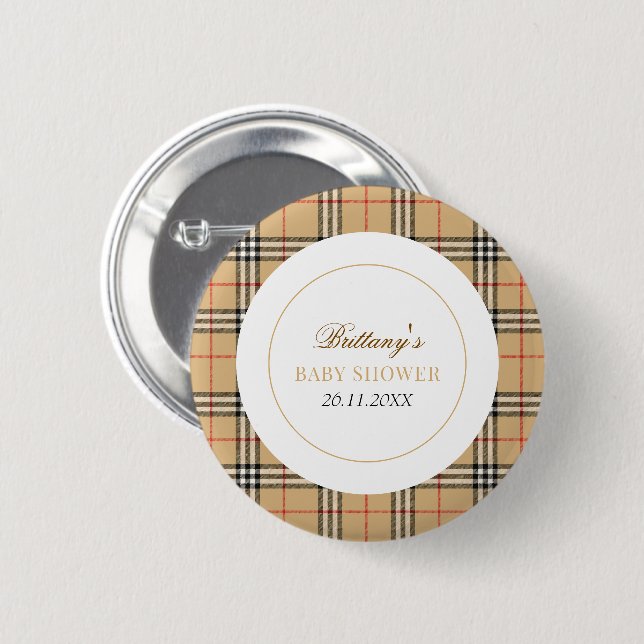 Beige Check Designer Plaid Baby Shower  Button (Front & Back)