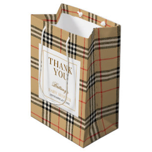 Beige Check Plaid Baby Shower  Medium Gift Bag