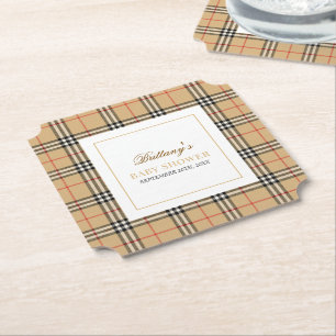 Beige Check Plaid Baby Shower Paper Coaster