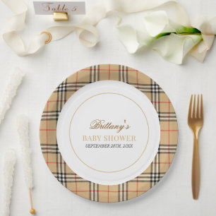 Beige Check Plaid Baby Shower Paper Plates