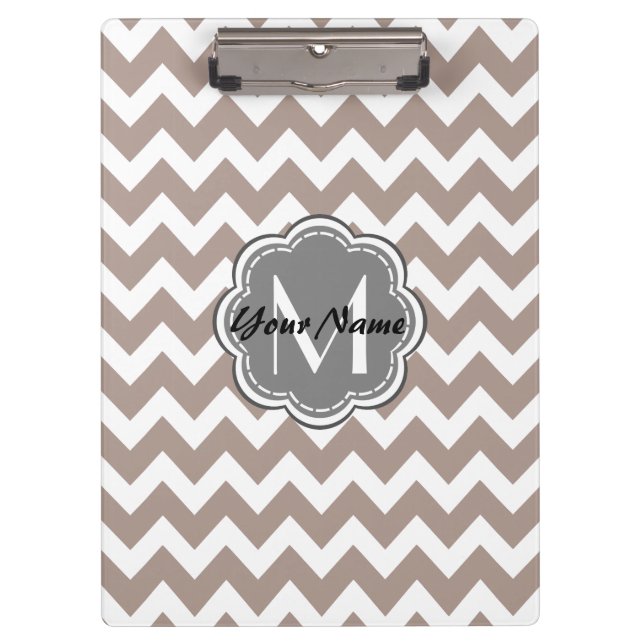 Beige Chevron, Gray Monogram, Personalized Name Clipboard (Front)