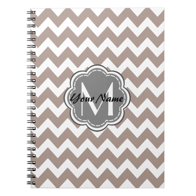 Beige Chevron, Gray Monogram, Personalized Name Notebook (Front)