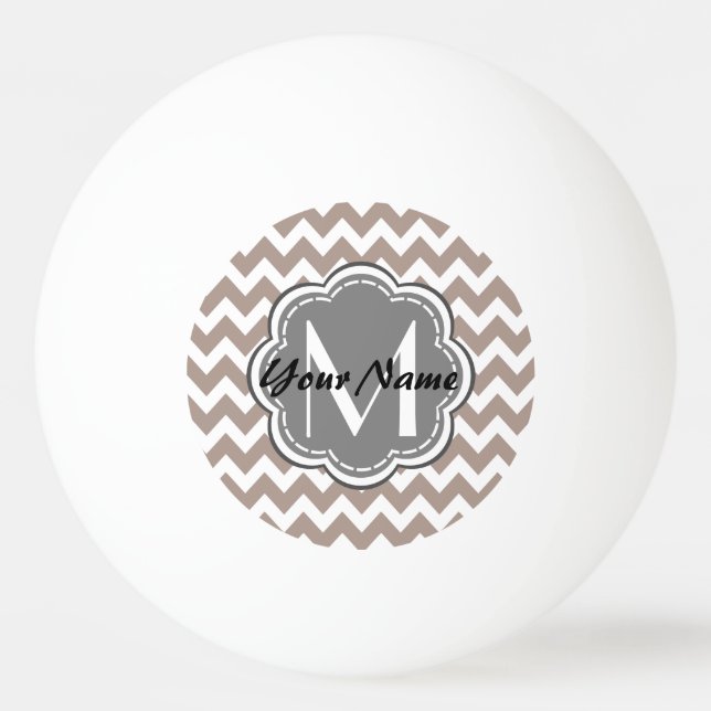 Beige Chevron, Gray Monogram, Personalized Name Ping Pong Ball (Front)