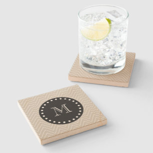 Beige Chevron Pattern Black Monogram Stone Coaster