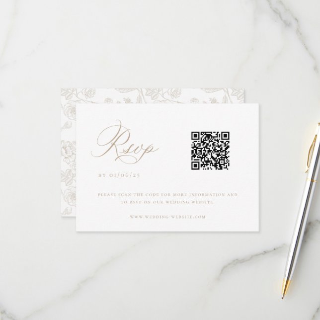 Beige Chinoiserie Wedding QR Code RSVP Card (Front/Back In Situ)