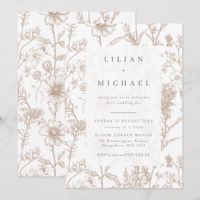 Beige Chinoiserie Wildflower Wedding Invitation (Front/Back)
