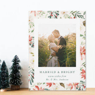 Beige Christmas Floral Married and Bright Newlywed Holiday Card
