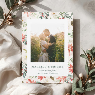 Beige Christmas Floral Married and Bright Newlywed Holiday Card