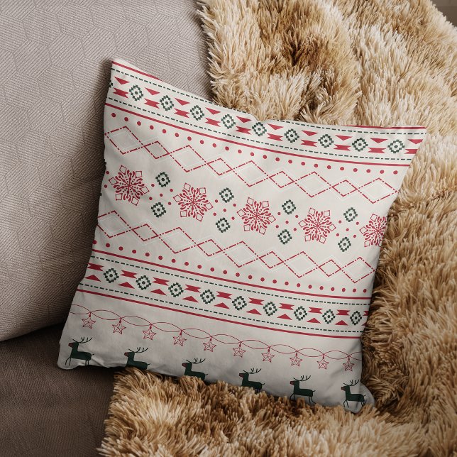 Beige Christmas Pattern Reindeer Snowflakes Throw Pillow (Creator Uploaded)