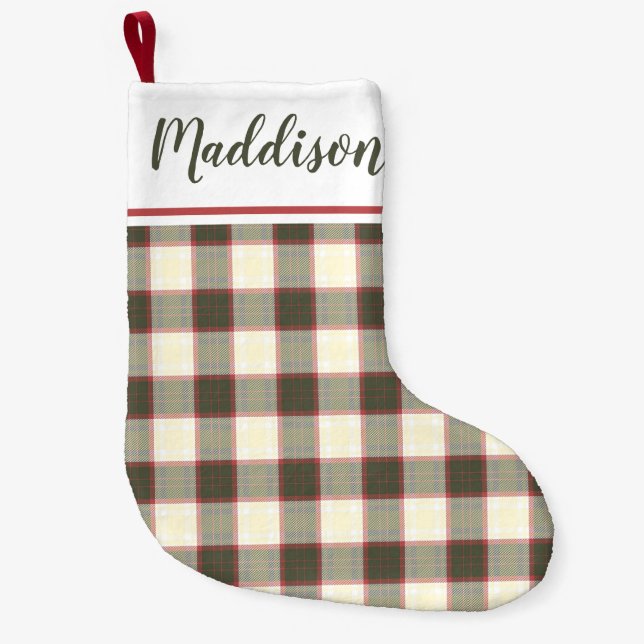 Beige Christmas plaid pattern personalized name  Small Christmas Stocking (Front)