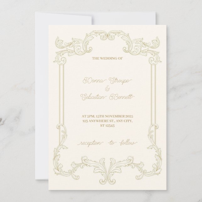 Beige Classic Vintage Frame Wedding Invitation (Front)