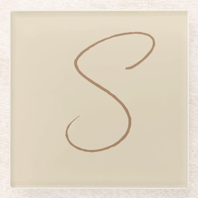 Beige Classical Handwritten Initial Monogram Glass Coaster (Front)