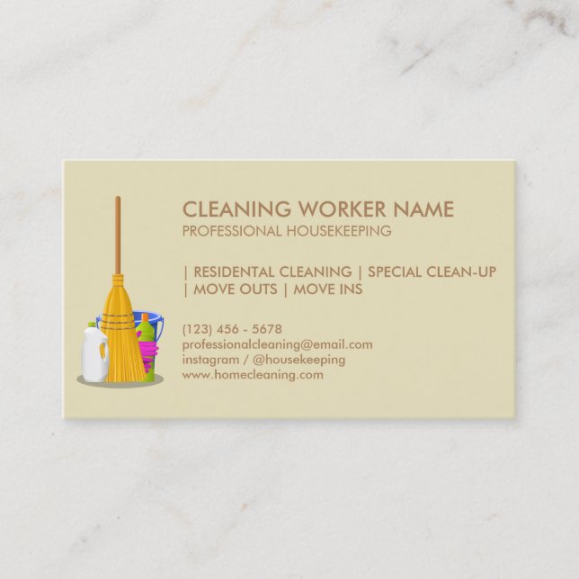 Beige Cleaning Service Housekeeper Janitorial Business Card (Front)
