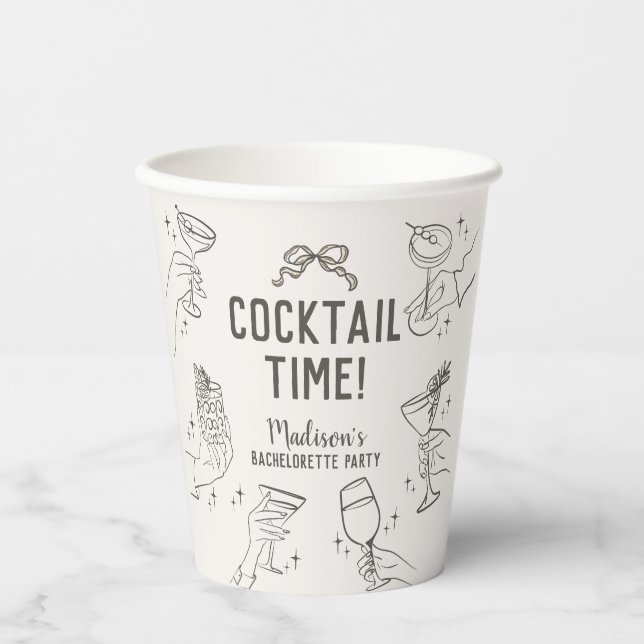 Beige Cocktail Party Retro Bachelorette Party Paper Cups (Front)
