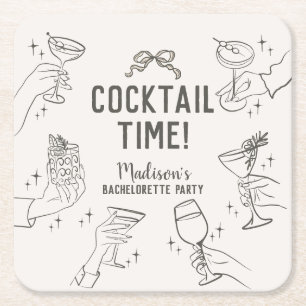 Beige Cocktail Party Retro Bachelorette Party Square Paper Coaster