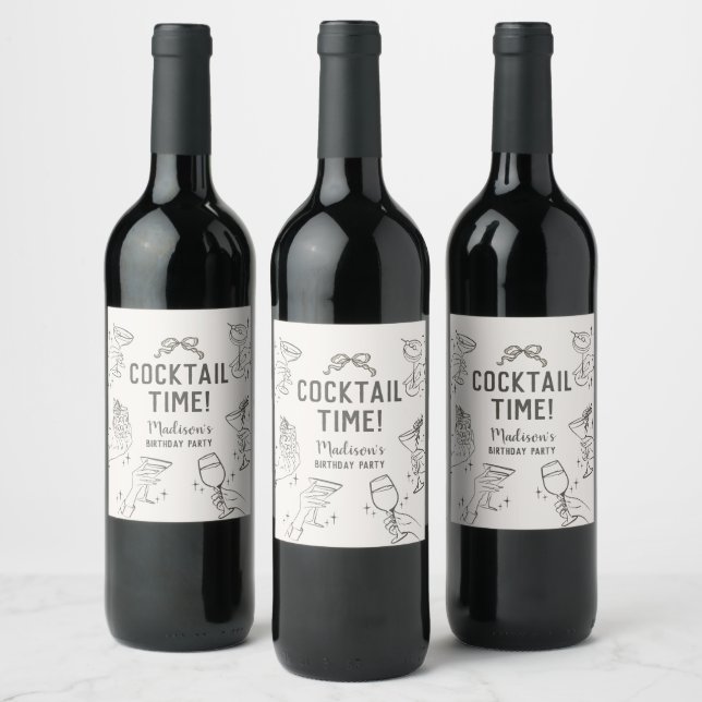 Beige Cocktail Party Retro Birthday Party Favor Wine Label (Bottles)