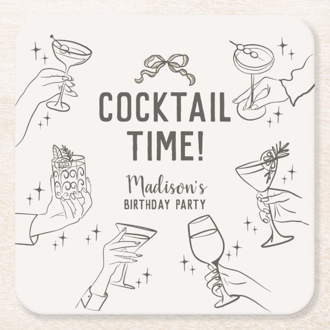 Beige Cocktail Party Retro Birthday Party Square Paper Coaster (Front)