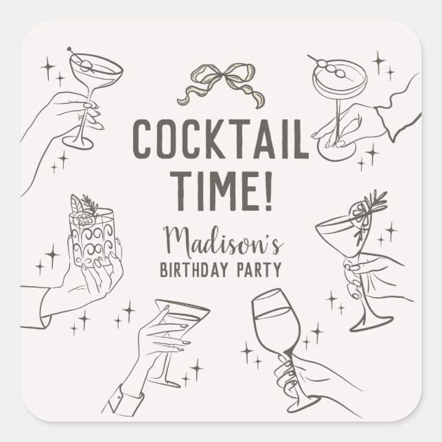 Beige Cocktail Retro Birthday Party Envelope Favor Square Sticker (Front)