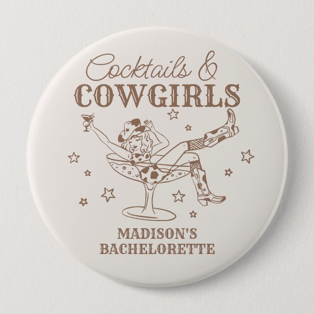 Beige Cocktails and Cowgirls Bachelorette Favors Button (Front)