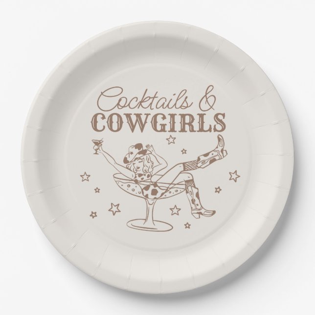 Beige Cocktails and Cowgirls Birthday Bachelorette Paper Plates (Front)