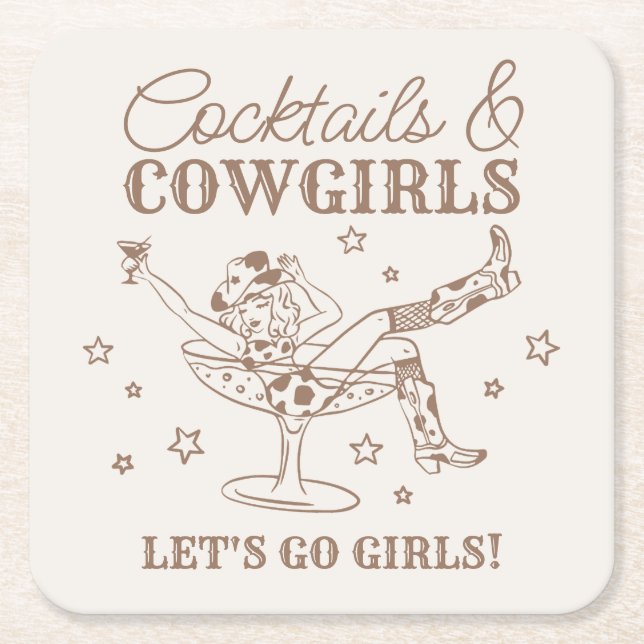 Beige Cocktails and Cowgirls Rodeo Bachelorette Square Paper Coaster (Front)