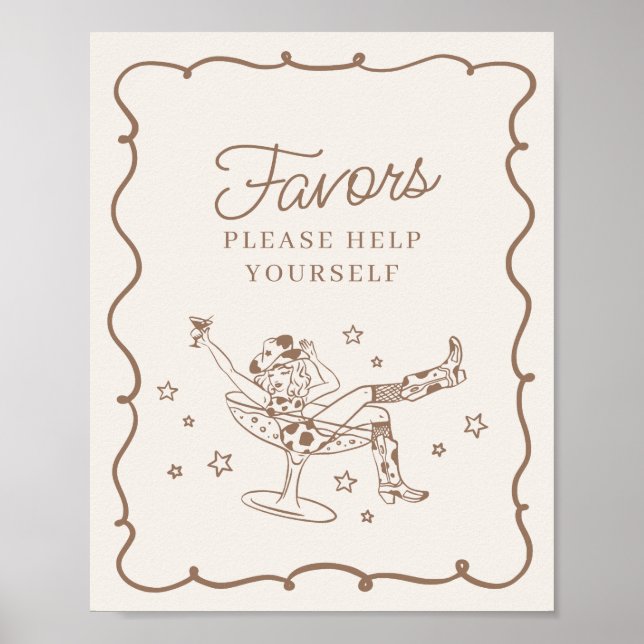 Beige Cocktails and Cowgirls Rodeo Favors Sign (Front)