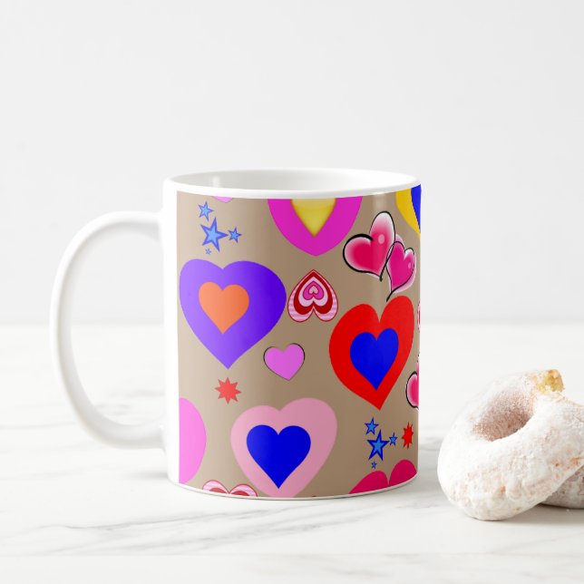 Beige Colorful Hearts Mug (With Donut)