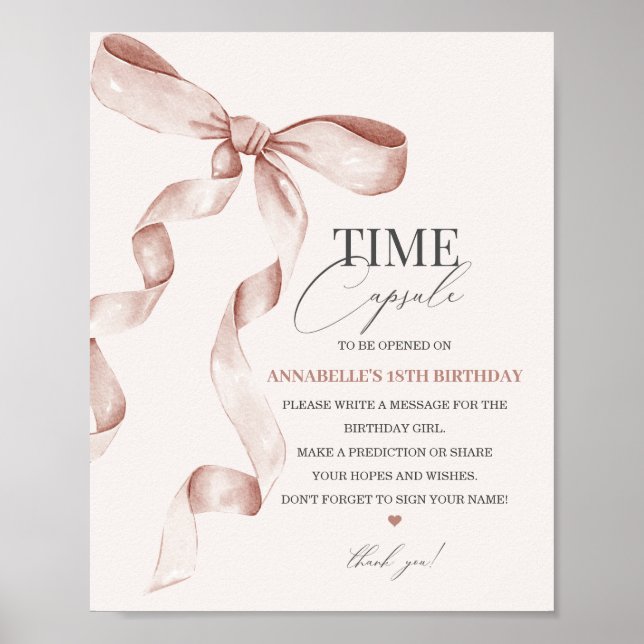 Beige Coquette Bow Birthday Time Capsule Sign (Front)