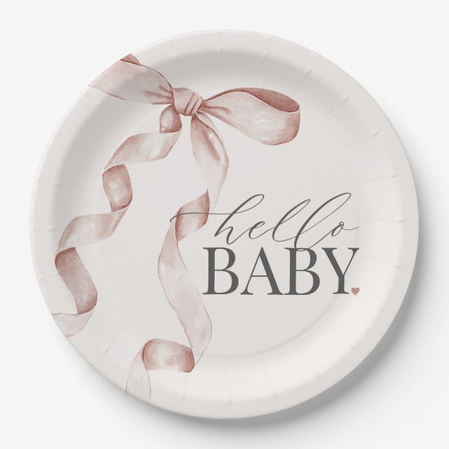 Beige Coquette Bow Girl Baby Shower Decor Paper Plates (Front)